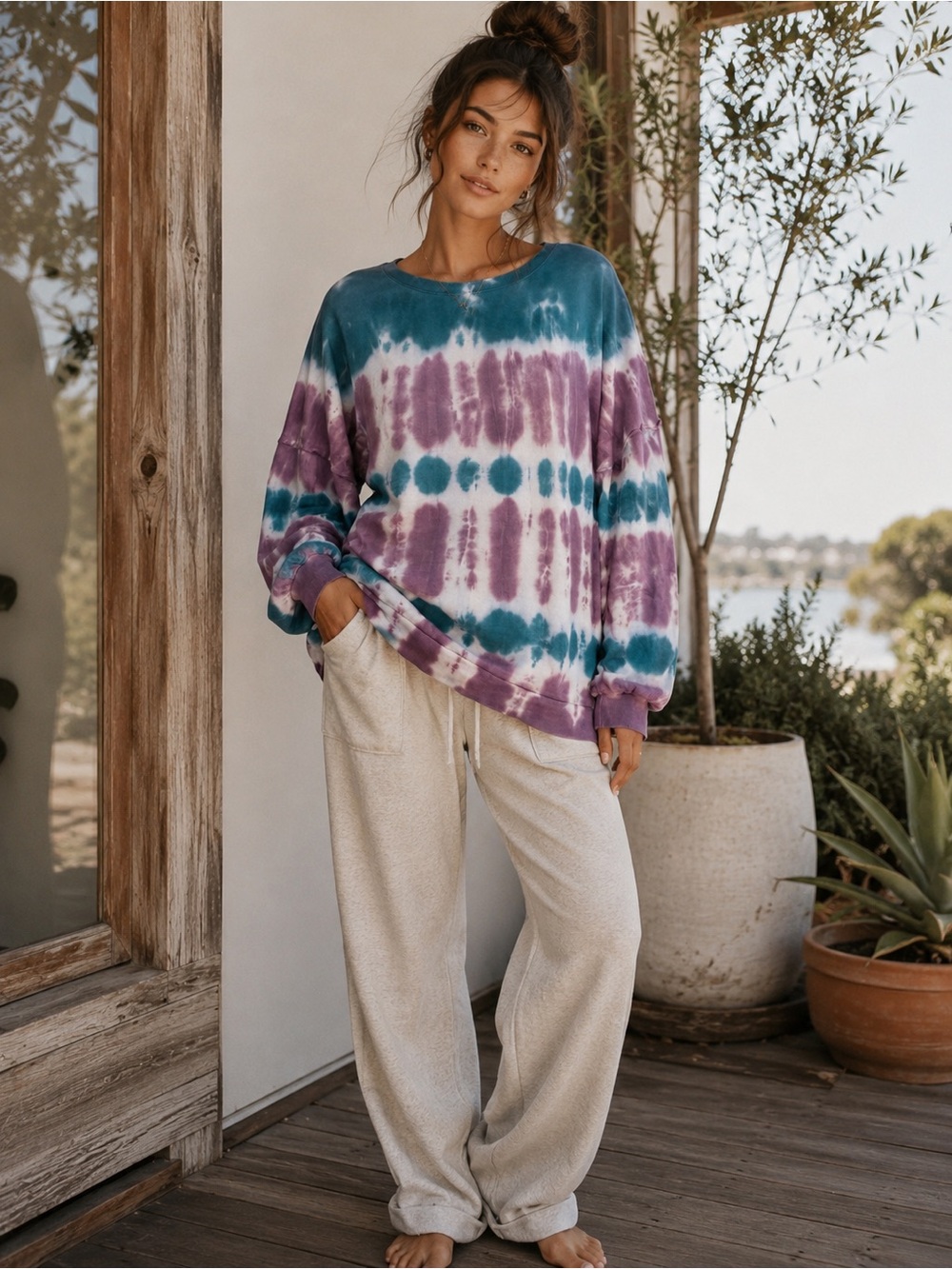 Easel Tie Dye Sweatshirt Small Teal Purple Oversized Pullover Terry Knit Boho